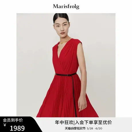 玛丝菲尔22夏新款轻薄赫本风百褶法式名媛礼服别致惊艳红色连衣裙图片