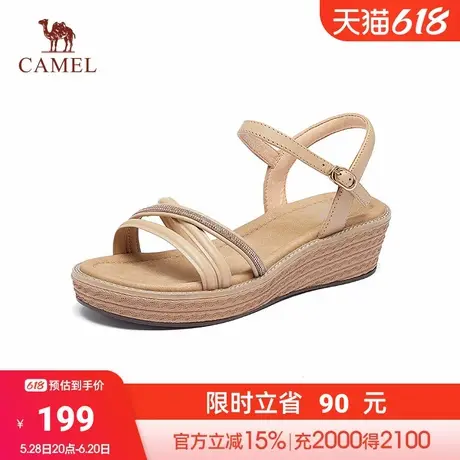 骆驼女鞋2024夏季新款水钻厚底一字带凉鞋女粗跟露趾沙滩坡跟凉鞋商品大图