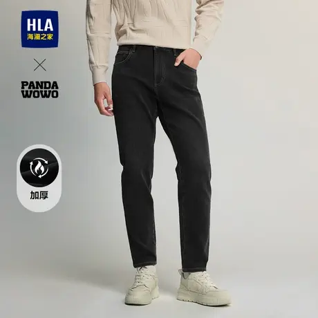 HLA/海澜之家panda wowo熊猫黑色加厚牛仔裤24秋冬新水洗保暖裤男图片