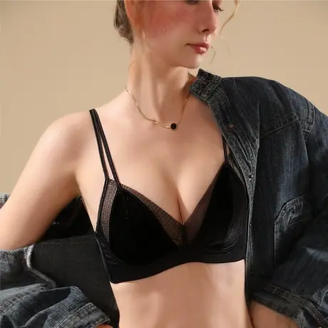 丝绒法式性感三角杯内衣套装女士黑色细肩带小胸文胸bra2025新款商品大图