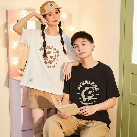 唐狮情侣装短袖t恤男夏季新款发泡印熊猫图案宽松女打底衫潮商品大图
