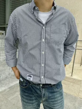 DAEVU春秋新款条纹帅气潮胖子大号加肥加大码男士长袖衬衫衬衣商品大图