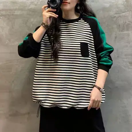 圆领时尚条纹拼接卫衣长袖2023春秋季新款宽松百搭撞色上衣ins风商品大图