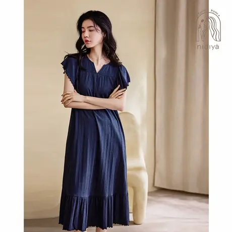 妮狄娅春夏季简约睡裙纯色小v领荷叶飞袖宽松淑女裙气质中长款图片