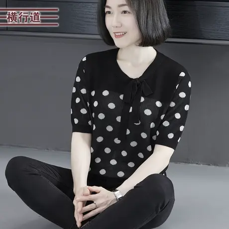 2023夏季新款韩版甜美蝴蝶结领波点针织短袖上衣女装妈妈外穿大码图片