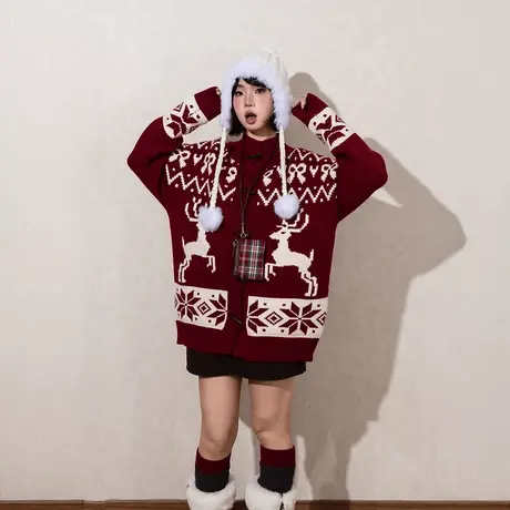 美式费尔岛羊角扣毛衣女春秋2025新款提花针织衫宽松复古开衫外套商品大图