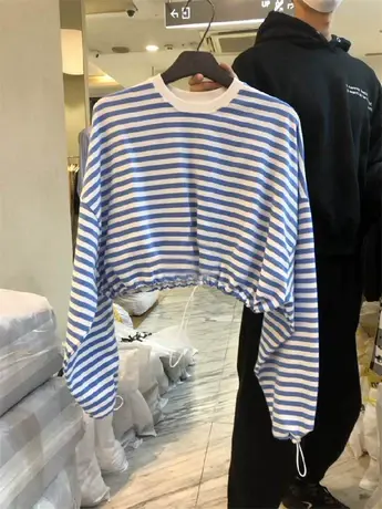 韩国东大门2023春季新款宽松圆领百搭条纹短款抽绳长袖T恤上衣女商品大图