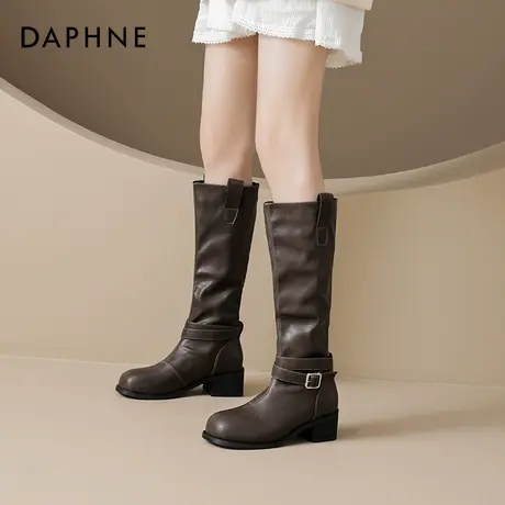 达芙妮棕色长筒靴女2025夏季新款复古粗跟美拉德靴子巨好穿骑士靴商品大图