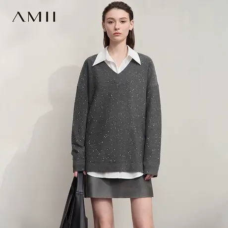 Amii2025秋新款极简通勤纯色V领套头珠片落肩长袖宽松含羊毛毛衣图片