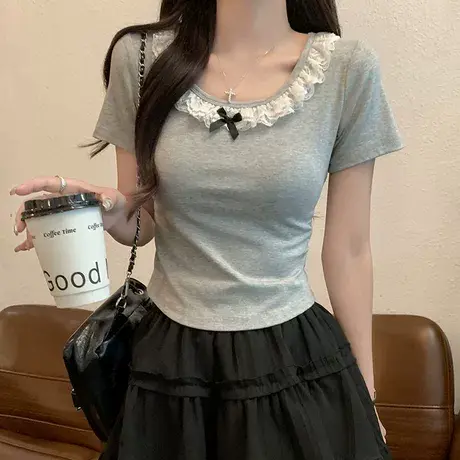 纯欲风蕾丝拼接短袖T恤女夏季修身韩版打底衫内搭短款小个子上衣商品大图