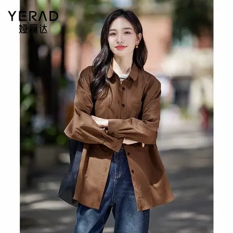 娅丽达简约复古风衬衫女2025秋季新款咖色小众内搭叠穿休闲小衫图片