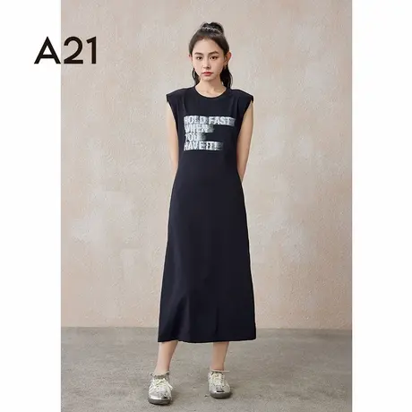 A21女装圆领无袖直筒针织连衣裙夏季时尚收腰字母简约背心小黑裙图片