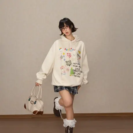YEP少女心韩系连帽卫衣女春秋2025新款复古潮牌帽衫宽松套头外套商品大图
