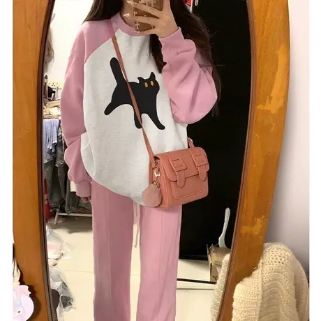 粉色少女感插肩袖卫衣女初秋薄款宽松显瘦韩版圆领长袖上衣ins潮图片