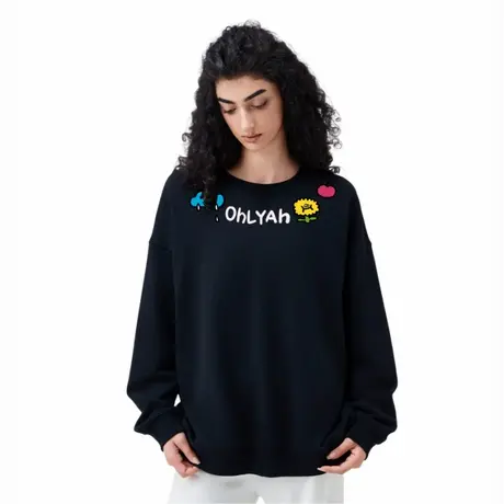 Ohlyah品牌潮流花卉字母印花情侣卫衣男女款重磅全棉落肩圆领长袖商品大图