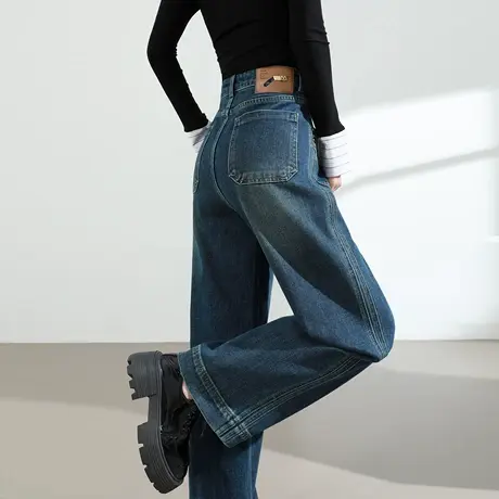 复古口袋直筒牛仔裤女2025春秋新款高腰宽松显瘦大码直筒拖地裤子商品大图