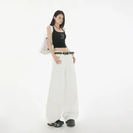 美式高腰白色弯刀休闲裤女春秋新款高街宽松直筒廓形解构阔腿长裤商品大图