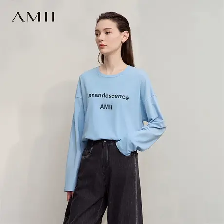 Amii2025秋新款极简百搭中长莫代尔棉氨字母印花弹力宽松T恤女商品大图