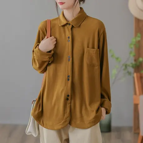 dza 复古纯色长袖衬衫外套女士2023春秋新款外搭口袋上衣显瘦衬衣图片
