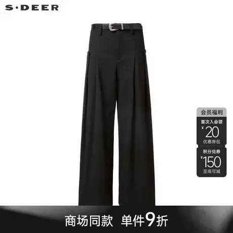 sdeer圣迪奥冬季女装OL风高腰拼接压褶阔腿裤长裤S24480802商品大图