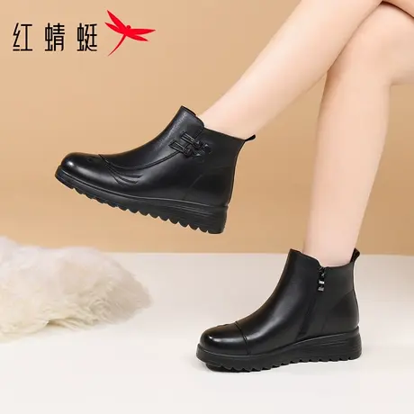 红蜻蜓冬季女鞋靴子女平底厚底短靴真皮加绒加厚老人妈妈棉靴皮鞋图片