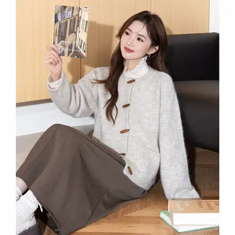 唐狮秋冬季女毛衣复古文艺风圆领开衫外套简约设计艺术生tu商品大图