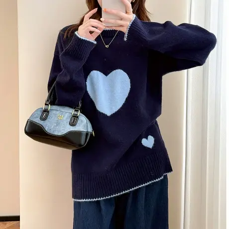 季毛衣女时髦潮流撞色爱心设计感温柔系圆领套头毛衣TU图片