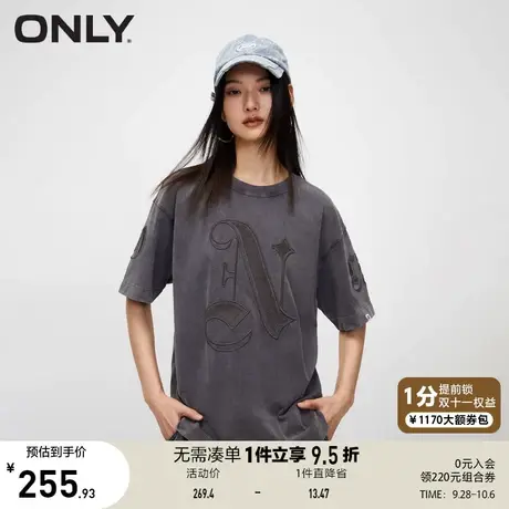 【买5免1】ONLY奥莱2023夏季新款时尚宽松圆领落肩字母百搭短袖T商品大图