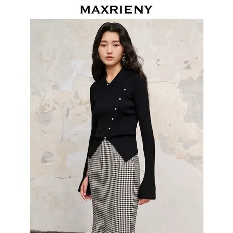 【商场同款】MAXRIENY紧身斜门襟钻扣套头毛织23秋冬新款修身上衣商品大图