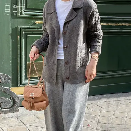 百洛安复古翻领长袖针织衫女外搭开衫秋冬款宽松洋气麻花毛衣外套商品大图