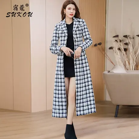 时尚千鸟格毛呢外套女中长款2023年秋冬新款韩版气质显瘦呢子大衣图片
