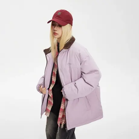 复古羊羔毛拼接立领棉服女冬季2023新款潮牌加厚外套宽松保暖棉衣商品大图