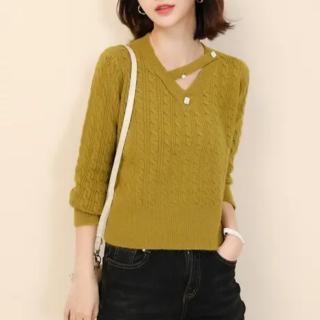 新品8.5折】设计感V领长袖毛衣复古慵懒加厚打底针织衫女商品大图