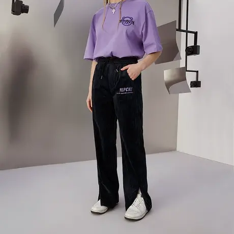 YEP复古灯芯绒裤子女春秋直筒宽松黑色显瘦开叉拖地长裤盐系日系商品大图