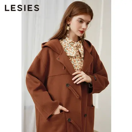 蓝色倾情秋冬季女装 连帽设计感宽松过膝绵羊毛复古双面呢子大衣图片