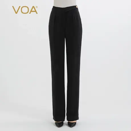 VOA30姆米重磅桑蚕丝黑色自然腰一粒扣塔克褶OL风长款真丝直筒裤商品大图