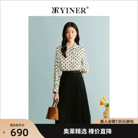 YINER音儿女装2023秋季新款复古黑白波点衬衫上衣商品大图