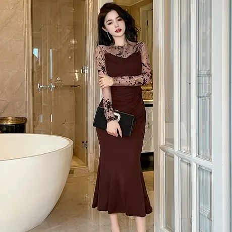 水墨画印花长袖连衣裙秋冬新款复古通勤内搭打底修身包臀鱼尾裙子商品大图