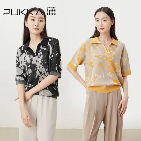蒲PUKKA  原创设计抽象图案女新polo领双面织工艺短袖上衣图片
