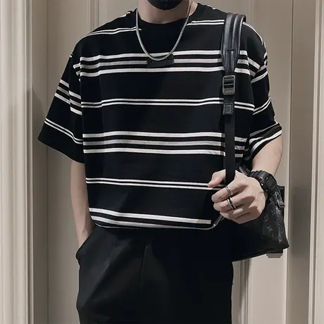 夏季男士t恤短袖半袖宽松潮流潮牌条纹时尚休闲落肩学生ins体恤商品大图