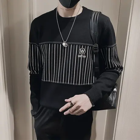 条纹毛衣男ins秋冬款韩版休闲拼接设计感潮牌小众加厚内搭针织衫商品大图