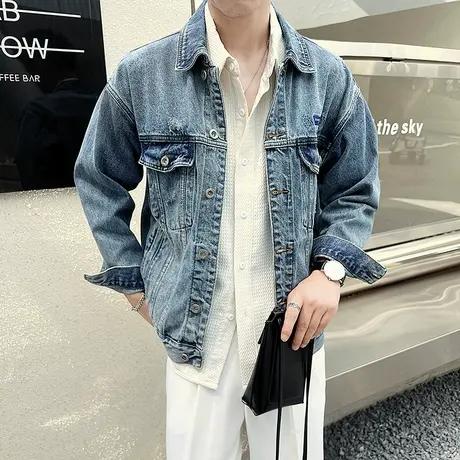 美式水洗牛仔外套潮牌春秋季2023新款宽松百搭牛仔衣工装机车夹克商品大图