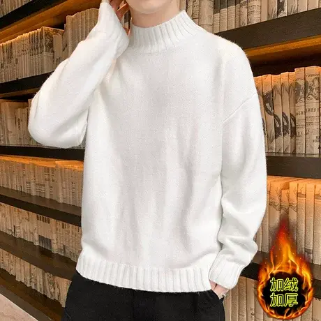 秋冬季毛衣男士2025新款韩版潮流加绒加厚中半高领保暖打底针织衫商品大图