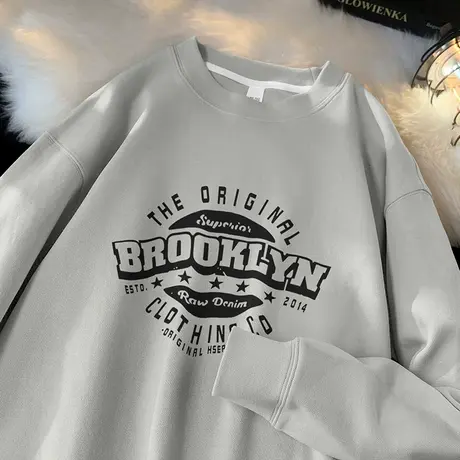 350g重磅卫衣男秋冬款灰色上衣服圆领长袖t恤宽松潮流印花无帽衫商品大图