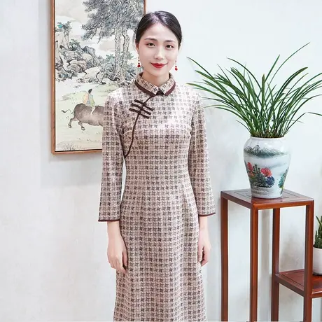筠雅改良旗袍2022年春季新款长袖中式盘扣复古斜襟格子中国风女装图片