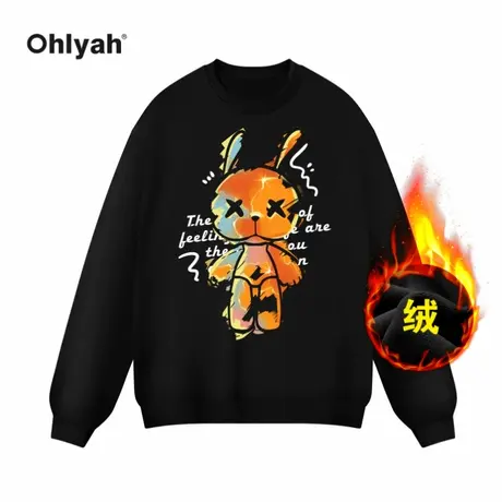 Ohlyah2023年秋冬卡通兔子印花加绒加厚卫衣女宽松学院风套头上衣商品大图
