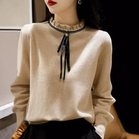 洋气木耳边半高领针织打底衫女内搭秋冬2023新款气质修身套头毛衣图片