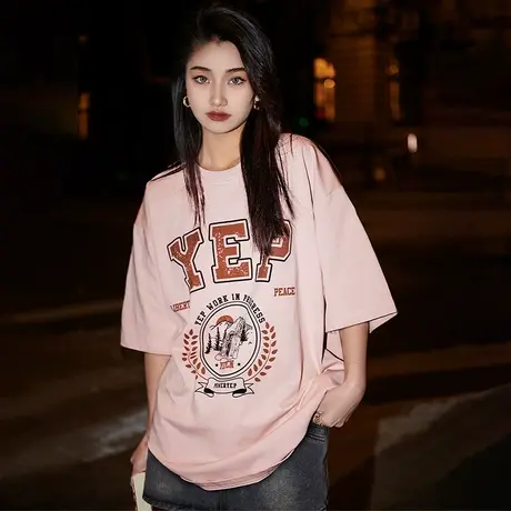 yep美式复古脏粉色短袖t恤女夏季2025新款宽松半袖oversize上衣潮图片