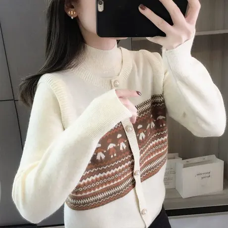 半高领针织衫女士假两件套头毛衣打底衫秋冬2023新款复古洋气上衣商品大图