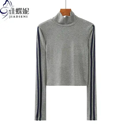 春秋新款韩版中高领修身短款纯欲纯棉内里磨毛纯色长袖体恤上衣女图片